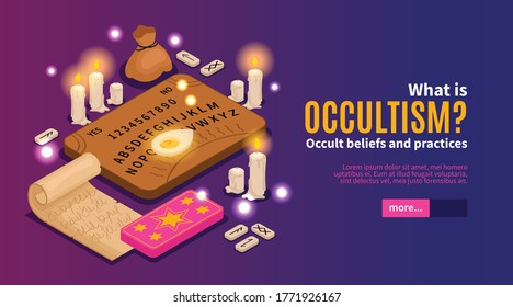 Isometric psychic fortune occult horizontal banner with images of candles ancient script text and more button vector illustration