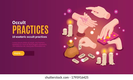 Isometric psychic fortune occult horizontal banner with editable text button and images of hands and candles vector illustration