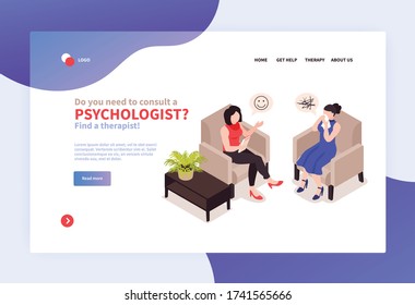 Isometric psychologist concept banner for website with clickable links text and images of mental therapy meeting vector illustration