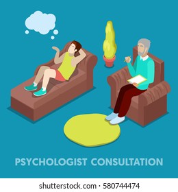 Isometric Psychologist Consultation. Man on Psychotherapy. Vector 3d flat illustration