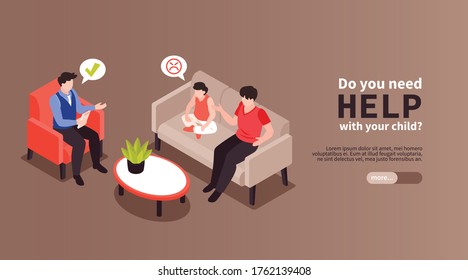 Isometric psychologist horizontal banner with editable text more button and characters of family meeting mind specialist vector illustration