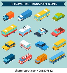 Isometric public city transport 3d icons set isolated vector illustration