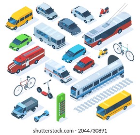 Isometric public city transport, scooter, bus, fire engine. Public municipal private cars, ambulance, truck and train vector illustration set. City transport. Illustration of car transport isometric