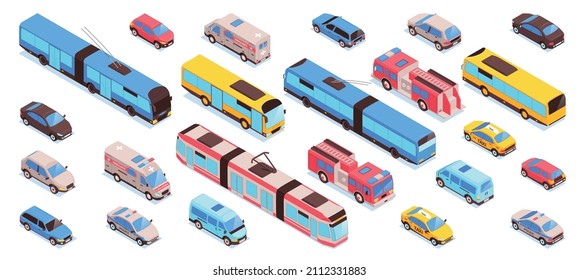 Transporte urbano público isométrico con imágenes aisladas de tranvías buses y autos con ilustración vectorial de camiones de bomberos