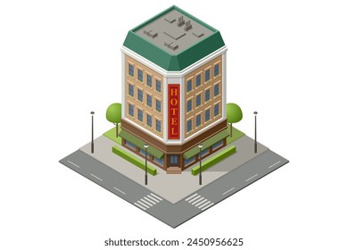 Isometric public hotel building exterior. Online booking service. Accommodation rent, travel planning. Room reservation.