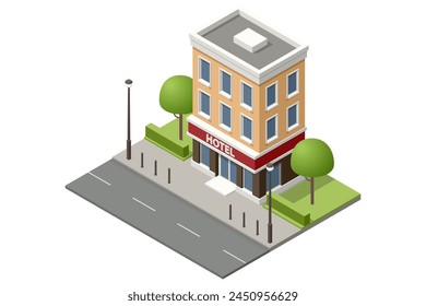 Isometric public hotel building exterior. Online booking service. Accommodation rent, travel planning. Room reservation.