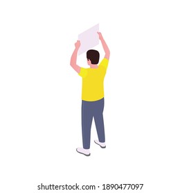 Isometric public protest icon with man holding poster above his head 3d vector illustration