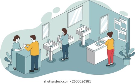 Isometric public restroom vector icon set. Hygiene, public facility design, vector illustration