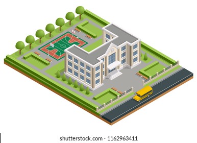 Isometric Public School Building. Exterior School Building With A Sports Stadium, A School Bus And A Park. Vector Illustration Icon Or Infographic Element