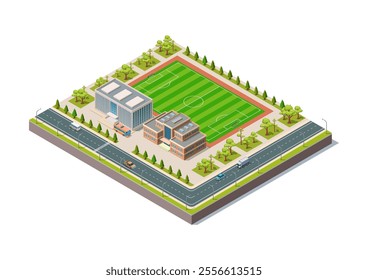 Isometric public school building. Exterior school building with a sports stadium.