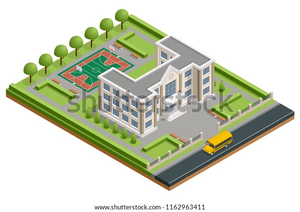 等角式公立校舎 運動場 スクールバス 公園を備えた外部校舎ベクターイラストのアイコンまたはインフォグラフィックエレメント のベクター画像素材 ロイヤリティフリー