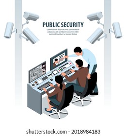 Isometric public security background with editable text images of cameras on posts and visual control point vector illustration