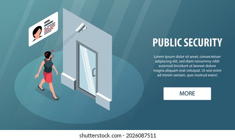 Isometric public security horizontal banner with door camera recognizing womans face and editable text with button vector illustration