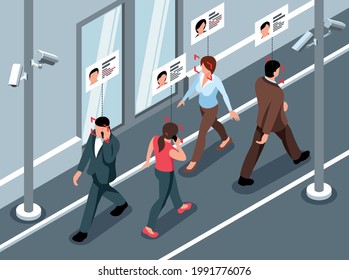 Isometric public security horizontal composition with characters of walking people and cameras recognizing their social profiles vector illustration