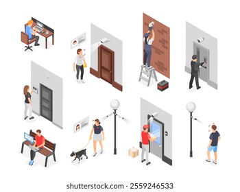 Isometric public security. Outdoor cctv, face recognition systems. Modern urban safety for people and home, criminal hacks smart lock. Flawless vector scenes