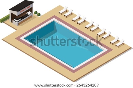Isometric public swimming pool with small snack bar