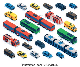 Conjunto de color isométrico del transporte público con iconos aislados de los vehículos de servicio y los coches en la ilustración vectorial de fondo en blanco