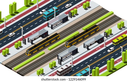 Isometric public transport includes buses, bus stations and tramway vector illustration. Land transport 3d concept.