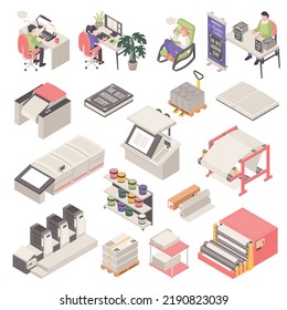 Isometric publishing house icons set with book printing process isolated vector illustration