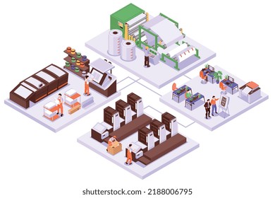 Isometric publishing house working with book printing process vector illustration