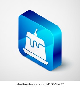 Isometric Pudding custard with caramel glaze icon isolated on white background. Blue square button. Vector Illustration