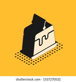 Isometric Pudding custard with caramel glaze icon isolated on yellow background.  Vector Illustration