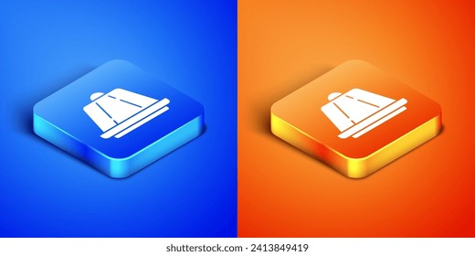 Isometric Pudding custard with caramel glaze icon isolated on blue and orange background. Square button. Vector