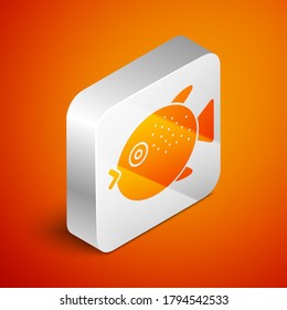 Isometric Puffer fish icon isolated on orange background. Fugu fish japanese puffer fish. Silver square button. Vector.