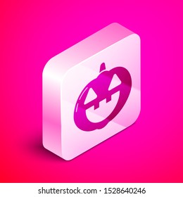 Isometric Pumpkin icon isolated on pink background. Happy Halloween party. Silver square button. Vector Illustration