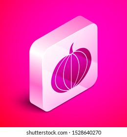 Isometric Pumpkin icon isolated on pink background. Happy Halloween party. Silver square button. Vector Illustration