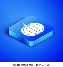 Isometric Pumpkin icon isolated on blue background. Happy Halloween party. Blue square button. Vector Illustration