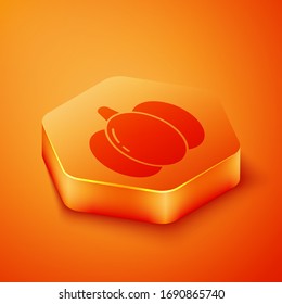 Isometric Pumpkin icon isolated on orange background. Happy Halloween party. Orange hexagon button. Vector Illustration