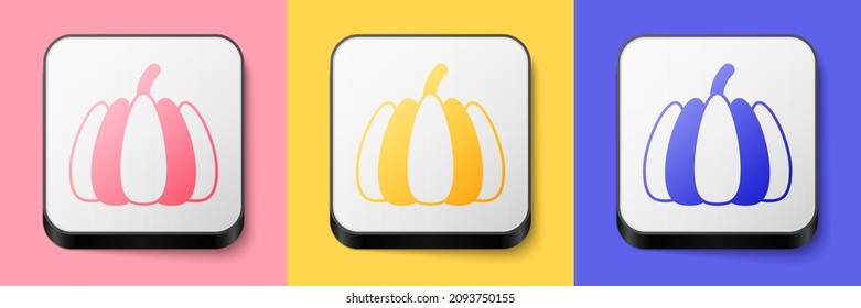 Isometric Pumpkin icon isolated on pink, yellow and blue background. Happy Halloween party. Square button. Vector