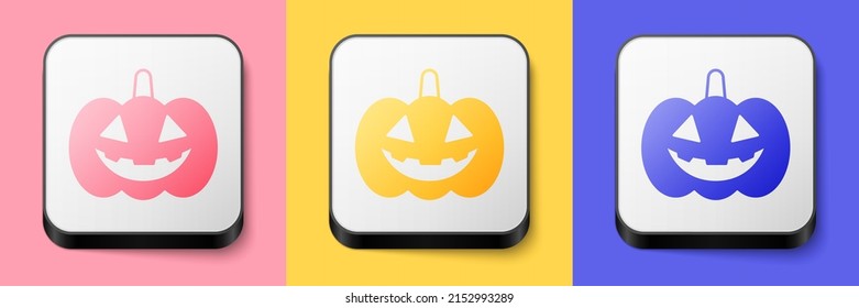 Isometric Pumpkin icon isolated on pink, yellow and blue background. Happy Halloween party. Square button. Vector