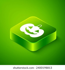 Isometric Pumpkin icon isolated on green background. Happy Halloween party. Green square button. Vector