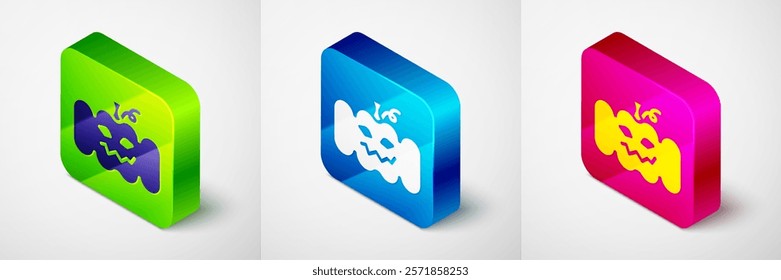 Isometric Pumpkin icon isolated on grey background. Happy Halloween party. Square button. Vector
