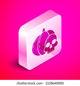 Isometric Pumpkin and skull icon isolated on pink background. Happy Halloween party. Silver square button. Vector Illustration
