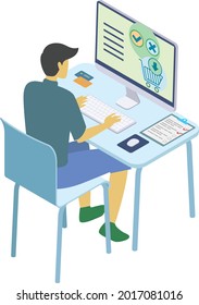 Persona de compra isométrica en un ordenador con tarjeta de crédito y pantalla de ordenador con una lista de verificación de artículos para comprar en un informe sobre el escritorio
