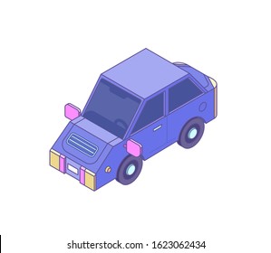 Isometric purple color car in cartoon style, vector illustration.