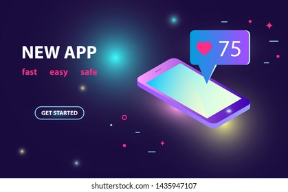 Isometric purple color smartphone top view social networks chatting or blogging and sharing news. Isometric smartphone with social network communication and likes.  purple isometric smartphone.