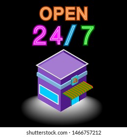 isometric purple convenience store open 24 hrs on 7 day with neon word on black background