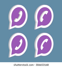 Isometric purple phone handset in speech bubble icon.