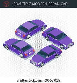 Isometric purple sedan car. 3d vector transport icon. Highly detailed vector illustration