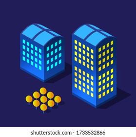 Isometric purple ultra landscape future city tree concept of violet neon style, an ultraviolet 3d modern design of urban street of building. Vector illustration of modern business background.
