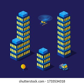 Isometric purple ultra landscape future city helicopter tree concept of violet neon style, an ultraviolet 3d modern design of urban street of building. Vector illustration of modern business backgroun