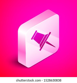 Isometric Push pin icon isolated on pink background. Thumbtacks sign. Silver square button. Vector Illustration