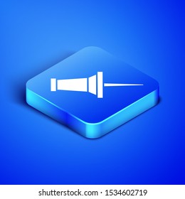 Isometric Push pin icon isolated on blue background. Thumbtacks sign. Blue square button. Vector Illustration