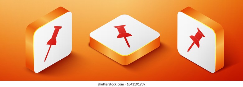 Isometric Push pin icon isolated on orange background. Thumbtacks sign. Orange square button. Vector.