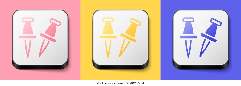 Isometric Push pin icon isolated on pink, yellow and blue background. Thumbtacks sign. Square button. Vector