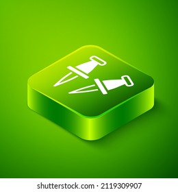 Isometric Push pin icon isolated on green background. Thumbtacks sign. Green square button. Vector